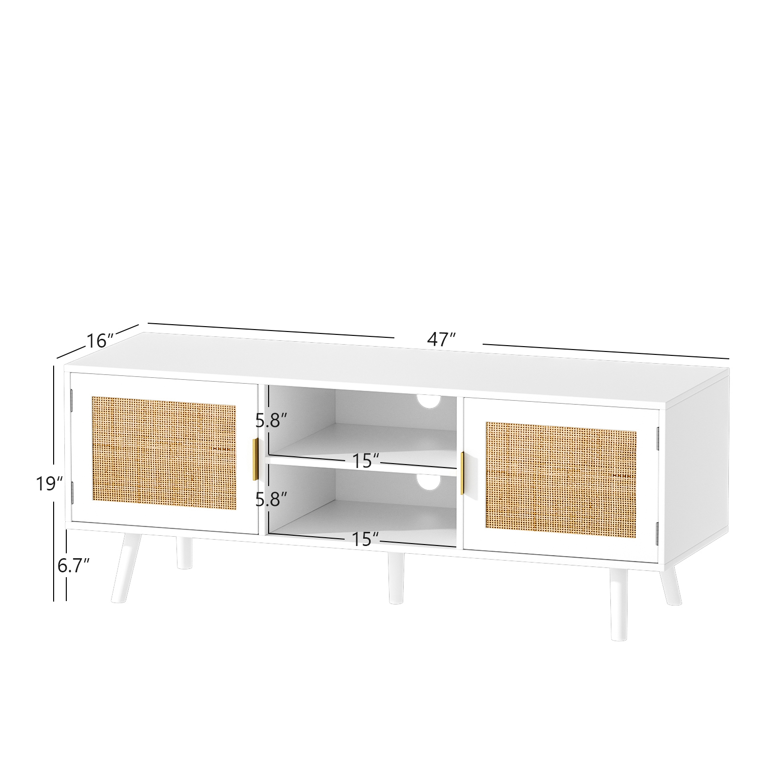 Anmytek Farmhouse Rattan TV Stand Modern Wood Media Entertainment Center Console Table for TVs up to 55 Inches with 2 Doors and 2 Open Shelves, Natural Oak