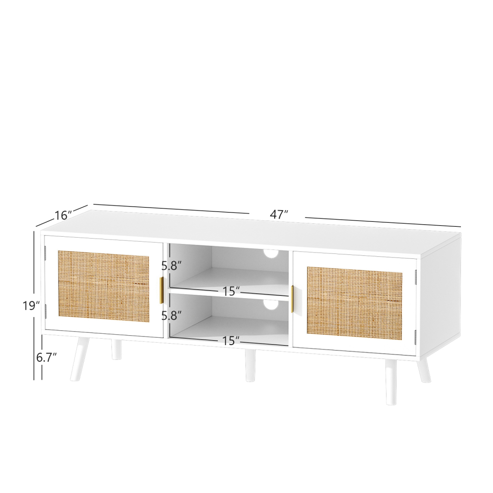 Anmytek Farmhouse Rattan TV Stand Modern Wood Media Entertainment Center Console Table for TVs up to 55 Inches with 2 Doors and 2 Open Shelves, Natural Oak