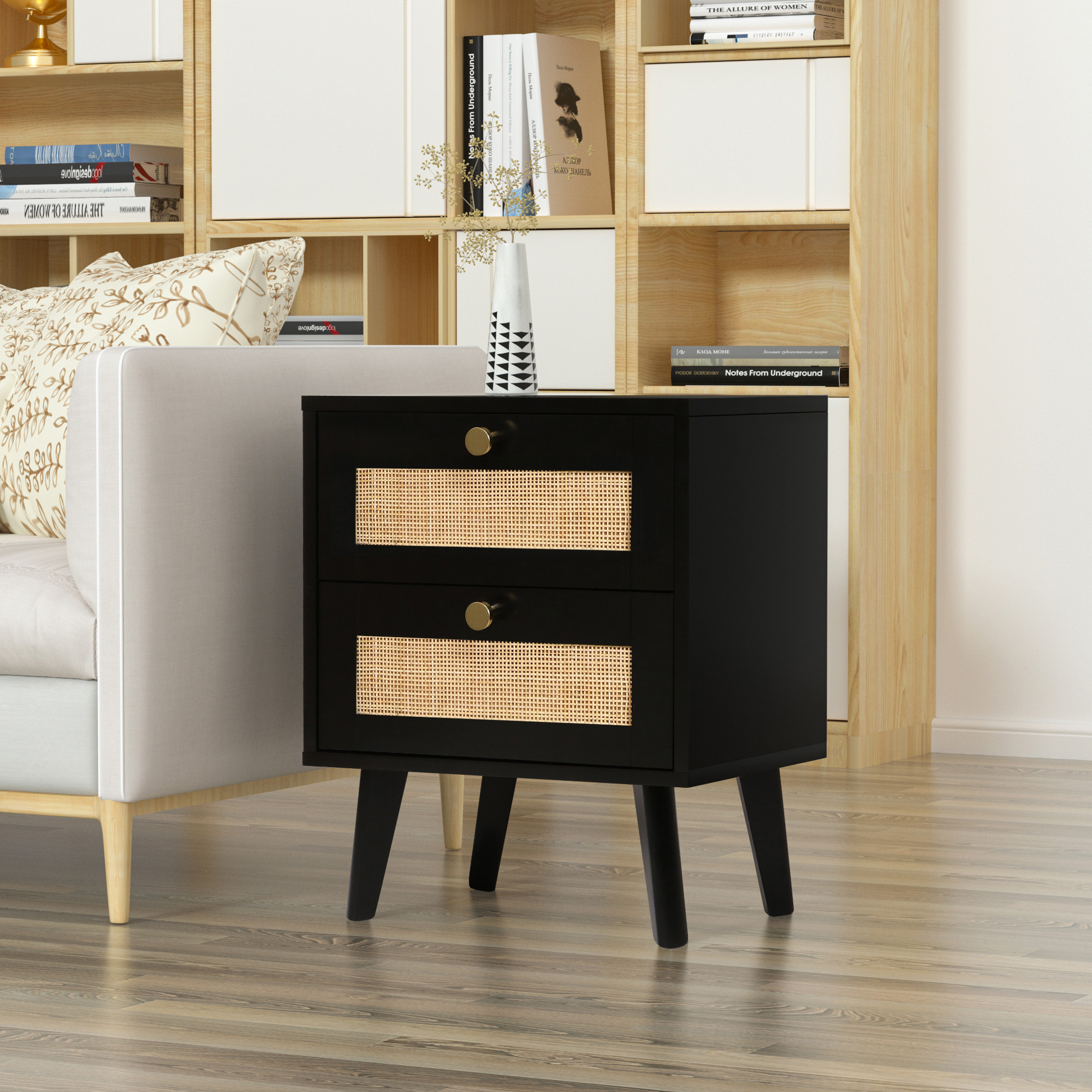 Nightstand, Farmhouse Rattan Nightstand Wood Bedside Table with 2 Drawers Mid Century Modern Nightstand End Table for Bedroom Living Room Dorm