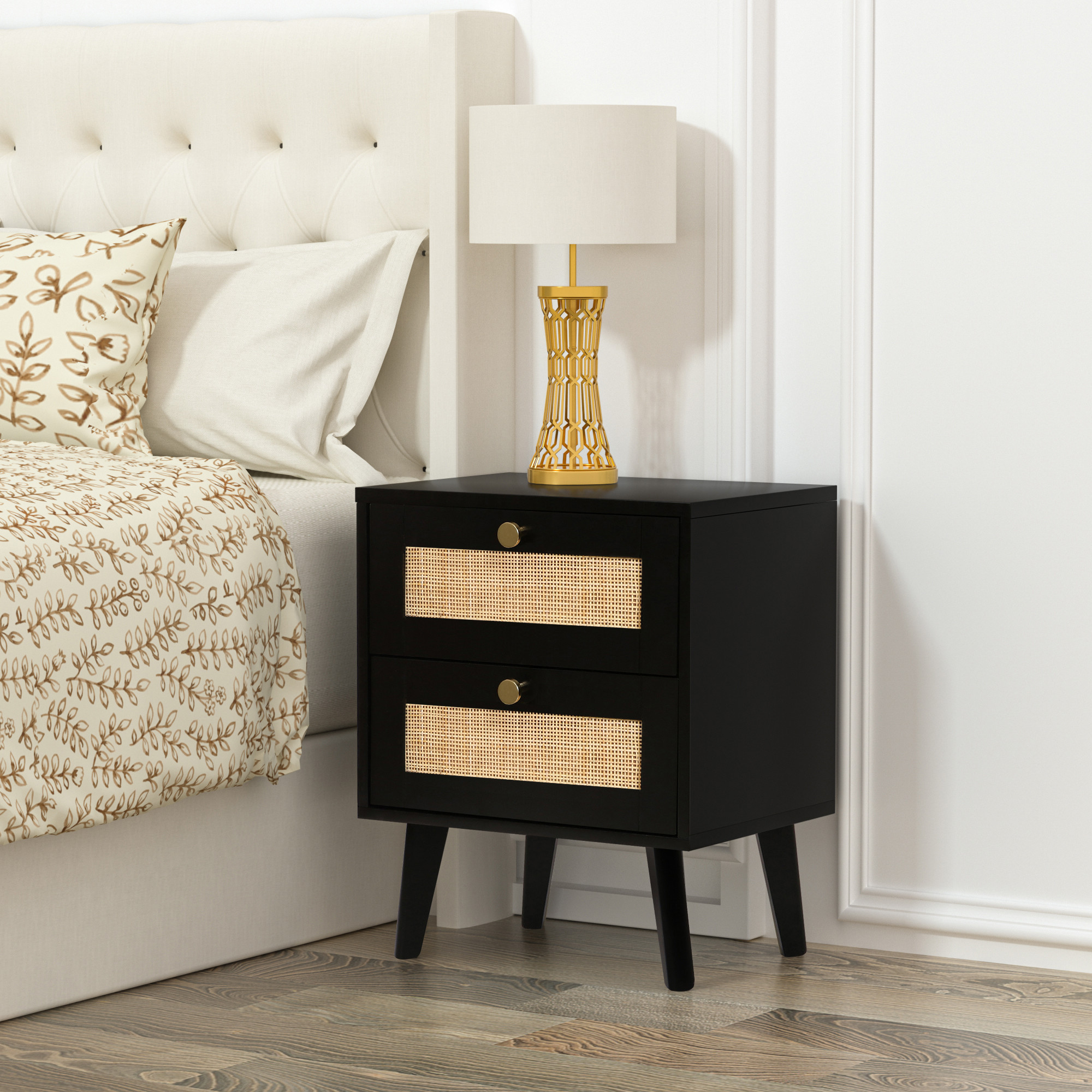 Nightstand, Farmhouse Rattan Nightstand Wood Bedside Table with 2 Drawers Mid Century Modern Nightstand End Table for Bedroom Living Room Dorm