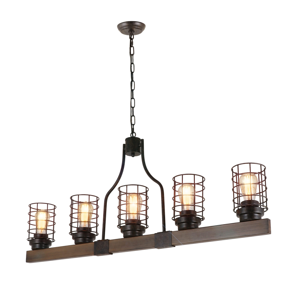 Farmhouse Cage Rustic Chandelier Kitchen Island 5 Lights, 42" L Large Linear Industrial Pool Table Pendant Lighting Vintage Edison Ceiling Light Fixture, Brown & Black