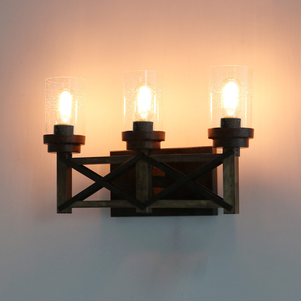 Industrial 3 Lights Bathroom Vanity Light with Seeded Shades, 18.9" L Distressed Wood Farmhouse Rustic Wall Sconces Vintage Edison Wall Lamp Light Fixture, Black and Brown
