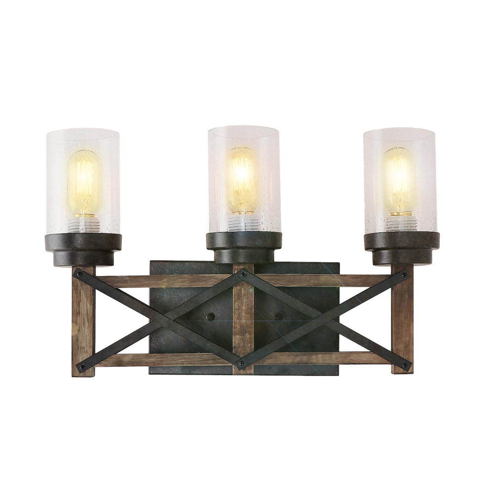 Industrial 3 Lights Bathroom Vanity Light with Seeded Shades, 18.9" L Distressed Wood Farmhouse Rustic Wall Sconces Vintage Edison Wall Lamp Light Fixture, Black and Brown