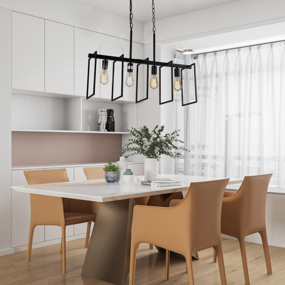 4-Light Modern Black Chandeliers for Dining Room, Industrial Light Fixtures Ceiling Hanging Kitchen Island Lighting Adjustable Linear Light Fixture