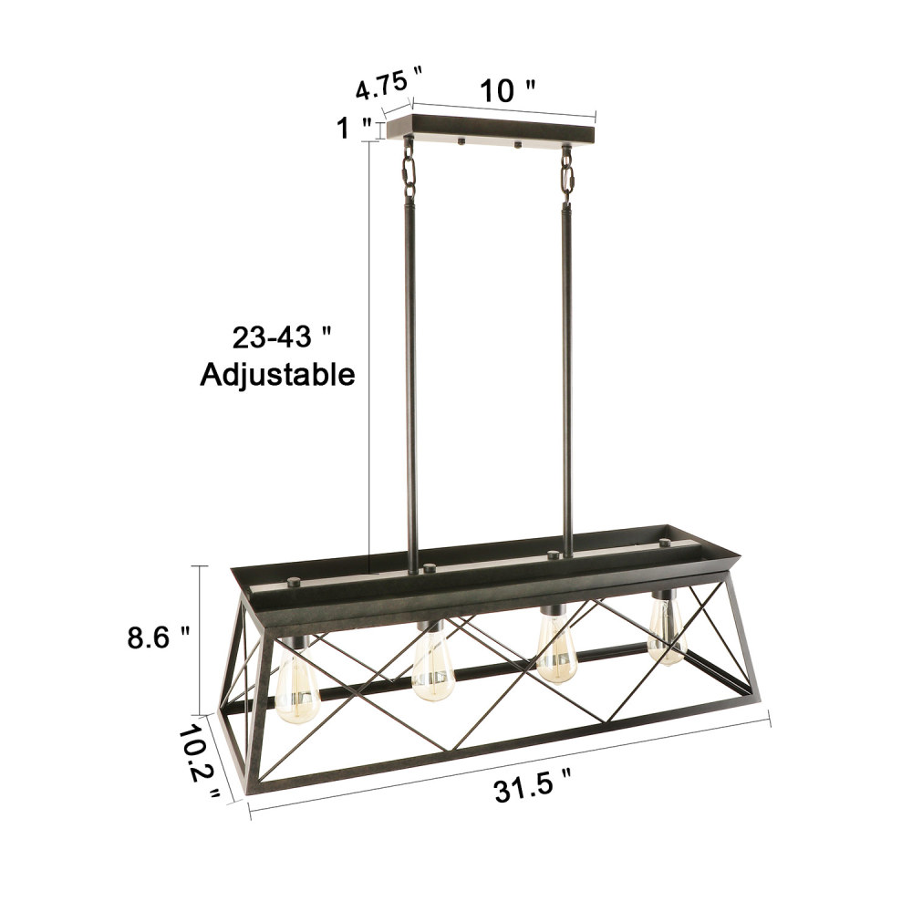 4-Light Metal Farmhouse Pendant Lighting Fixture, Rustic Industrial Linear Chandelier for Kitchen Island