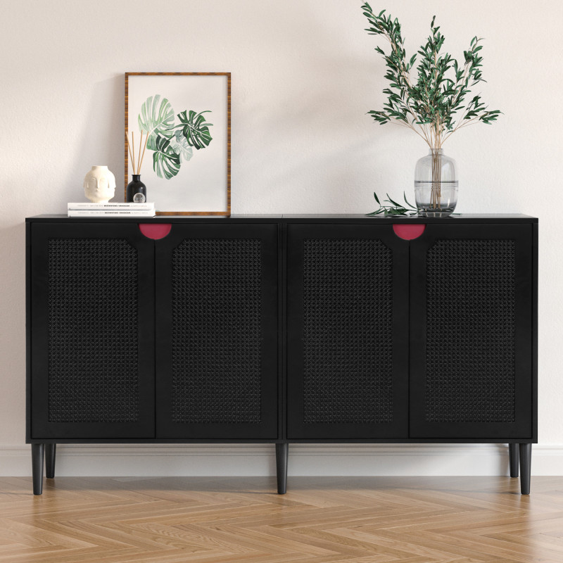Rattan Sideboard Buffet Cabinet with 4 Doors, Large Kitchen Storage Cabinet Black Sideboard with Adjustable Shelf Credenzas for Living Room Dining Room Hallway