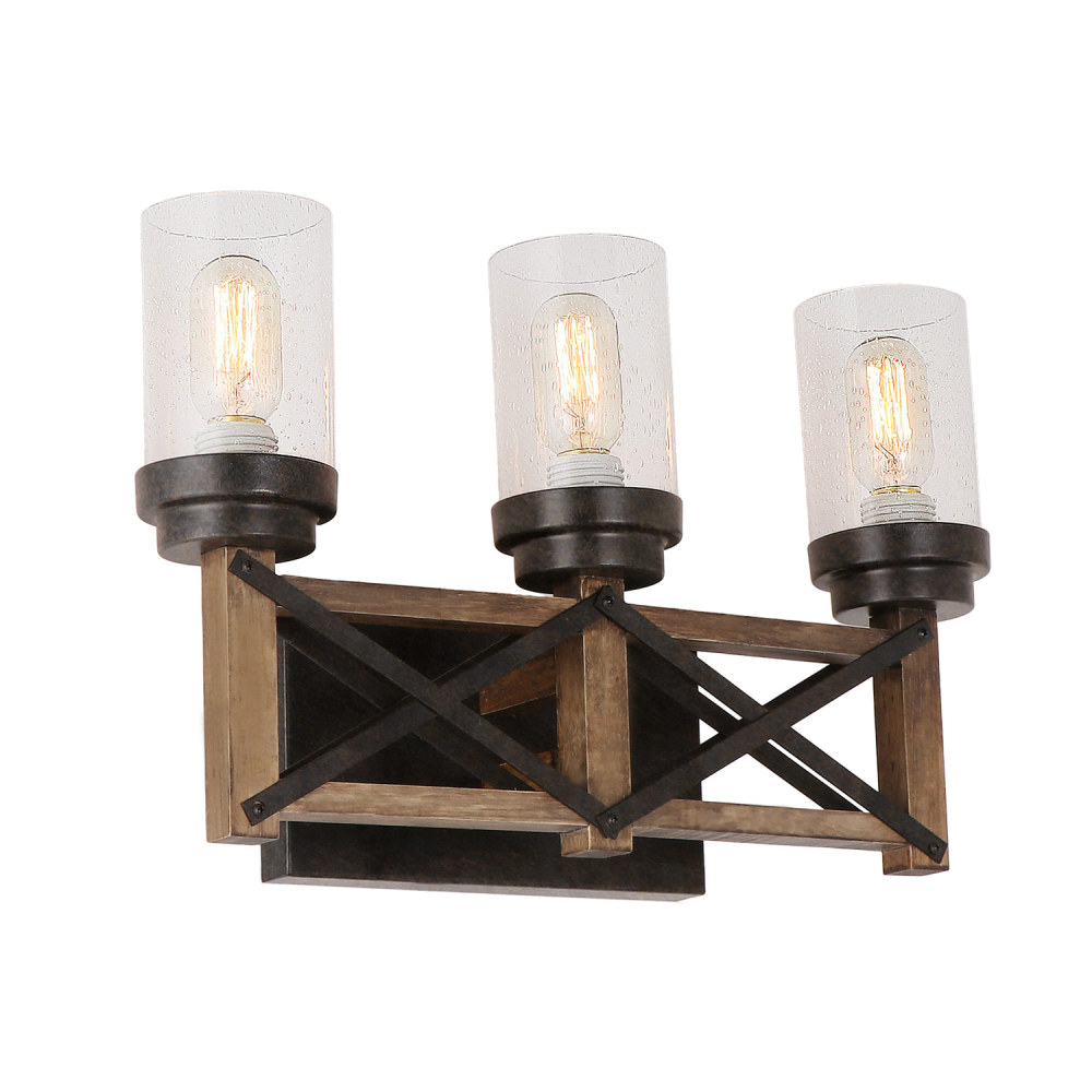 Industrial 3 Lights Bathroom Vanity Light with Seeded Shades, 18.9" L Distressed Wood Farmhouse Rustic Wall Sconces Vintage Edison Wall Lamp Light Fixture, Black and Brown