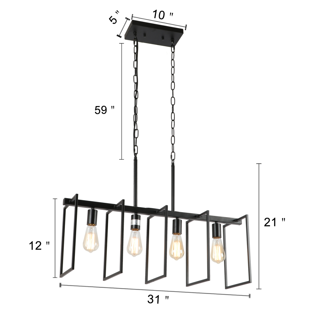 4-Light Modern Black Chandeliers for Dining Room, Industrial Light Fixtures Ceiling Hanging Kitchen Island Lighting Adjustable Linear Light Fixture