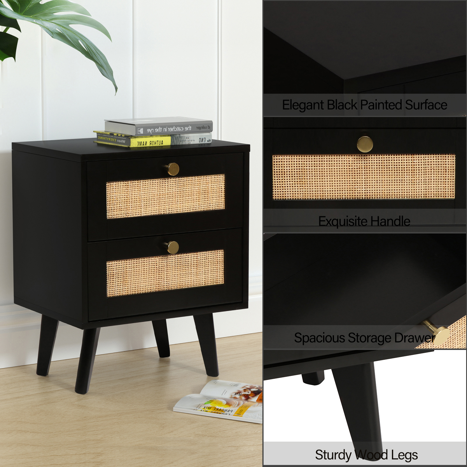 Nightstand, Farmhouse Rattan Nightstand Wood Bedside Table with 2 Drawers Mid Century Modern Nightstand End Table for Bedroom Living Room Dorm