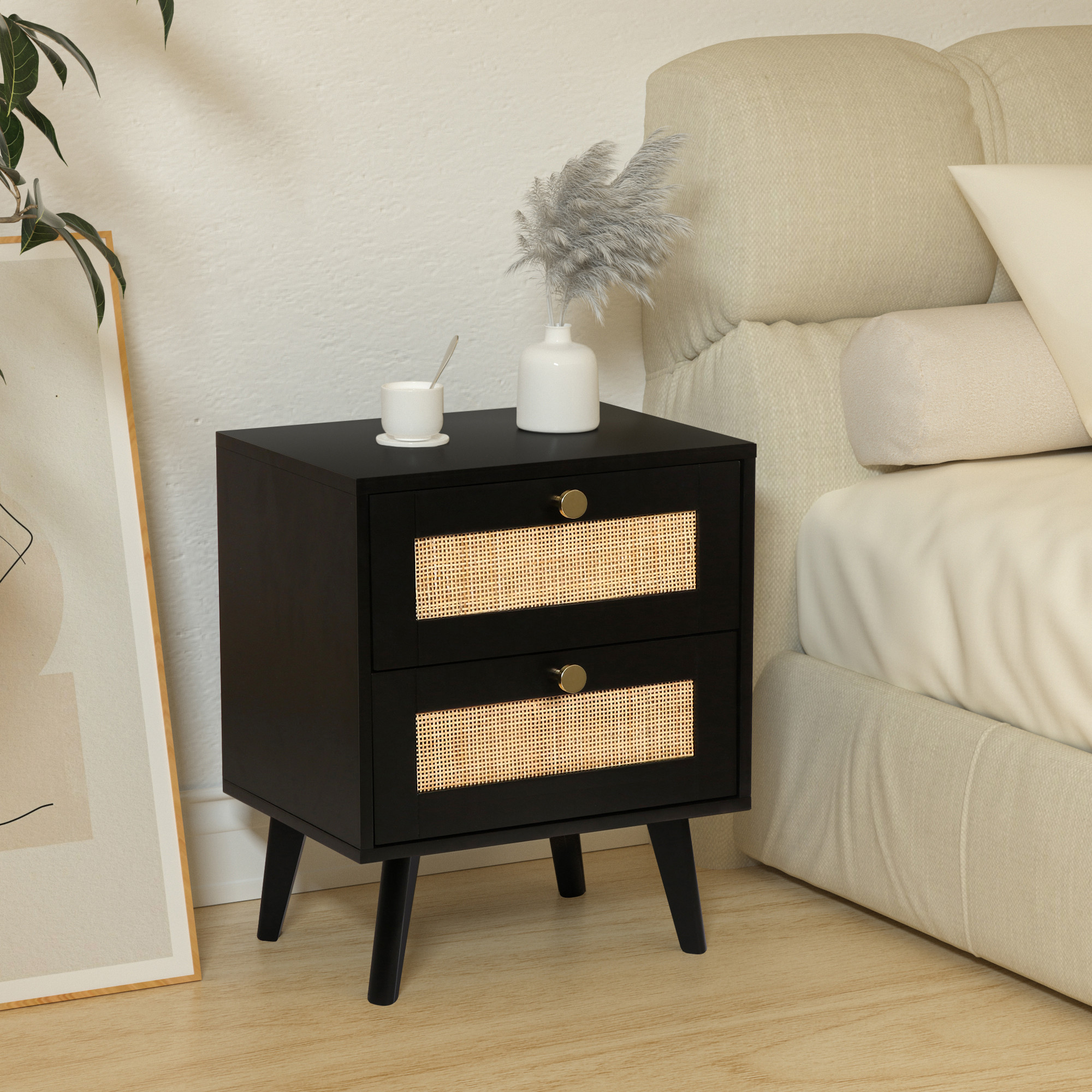Nightstand, Farmhouse Rattan Nightstand Wood Bedside Table with 2 Drawers Mid Century Modern Nightstand End Table for Bedroom Living Room Dorm