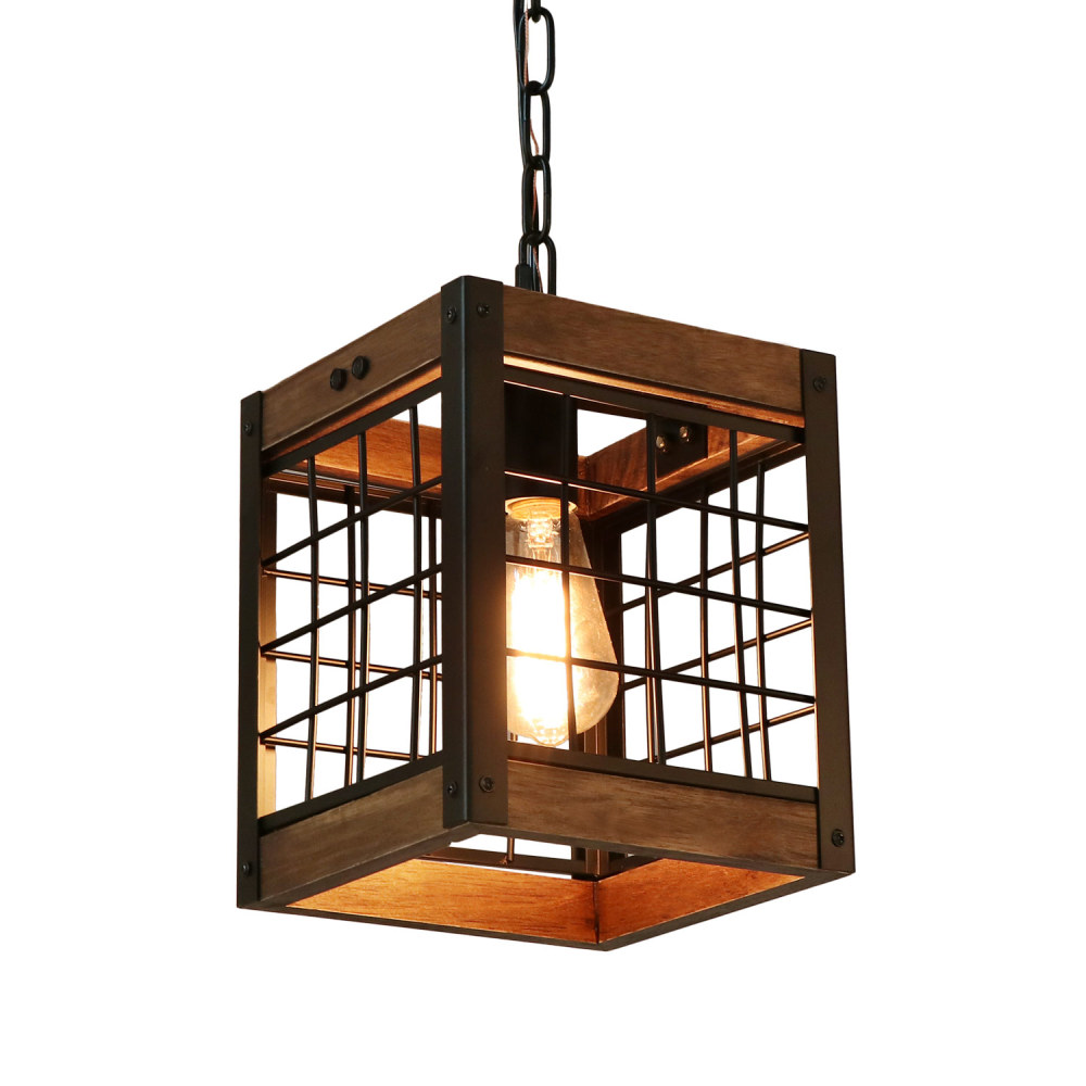 Rustic Kitchen Pendant Lighting Fixture Industrial Wood Metal Chandelier Farmhouse Dinning Room Hanging Ceiling Light, Square Frame