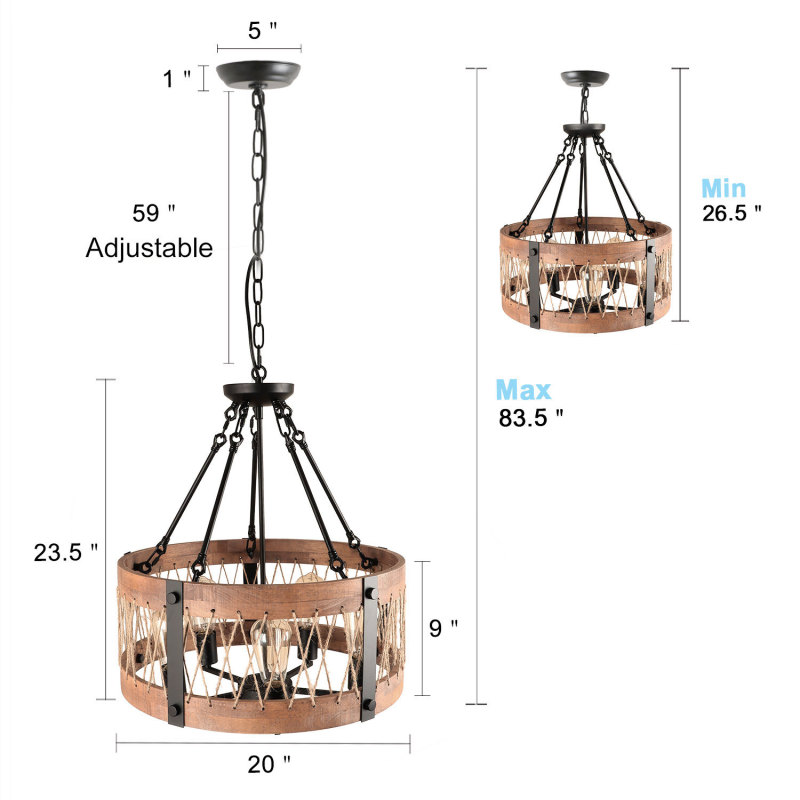 Round Wood Chandelier Kitchen Island Lighting Fixture 5 Lights with Jute Twine and Metal, Rustic Pendant Light for Dining Room Foyer, UL Listed