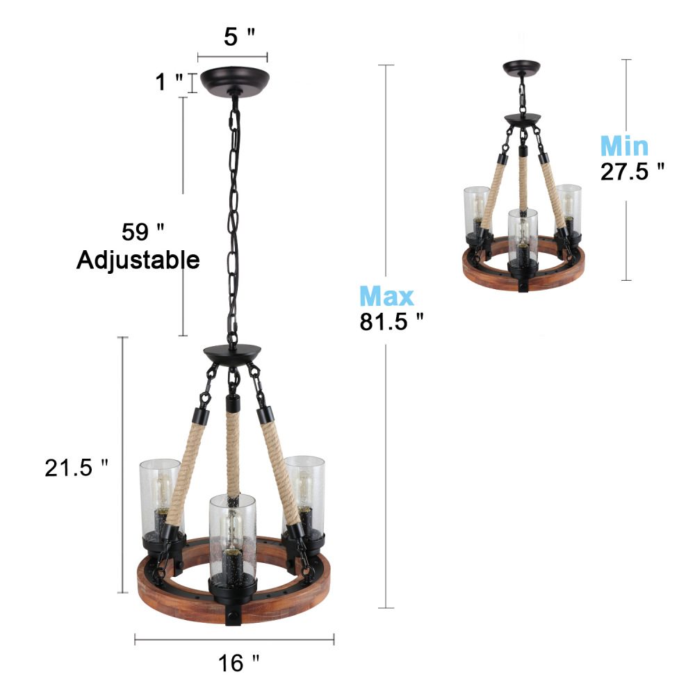 Wooden Ring Hemp Rope Chandelier Retro Farmhouse Pendant Lighting Round Wagon Wheel Light Fixtures 3 Lights with Glass Shade, Brown