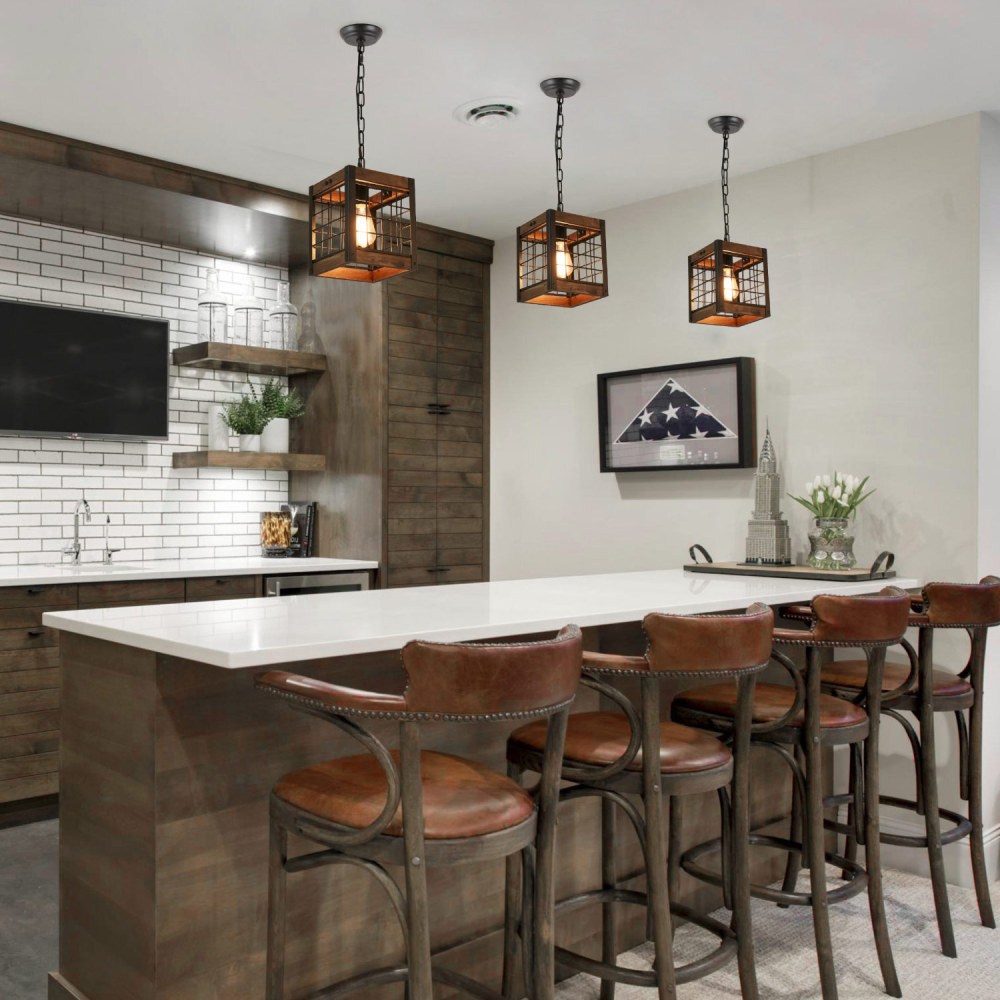 Rustic Kitchen Pendant Lighting Fixture Industrial Wood Metal Chandelier Farmhouse Dinning Room Hanging Ceiling Light, Square Frame