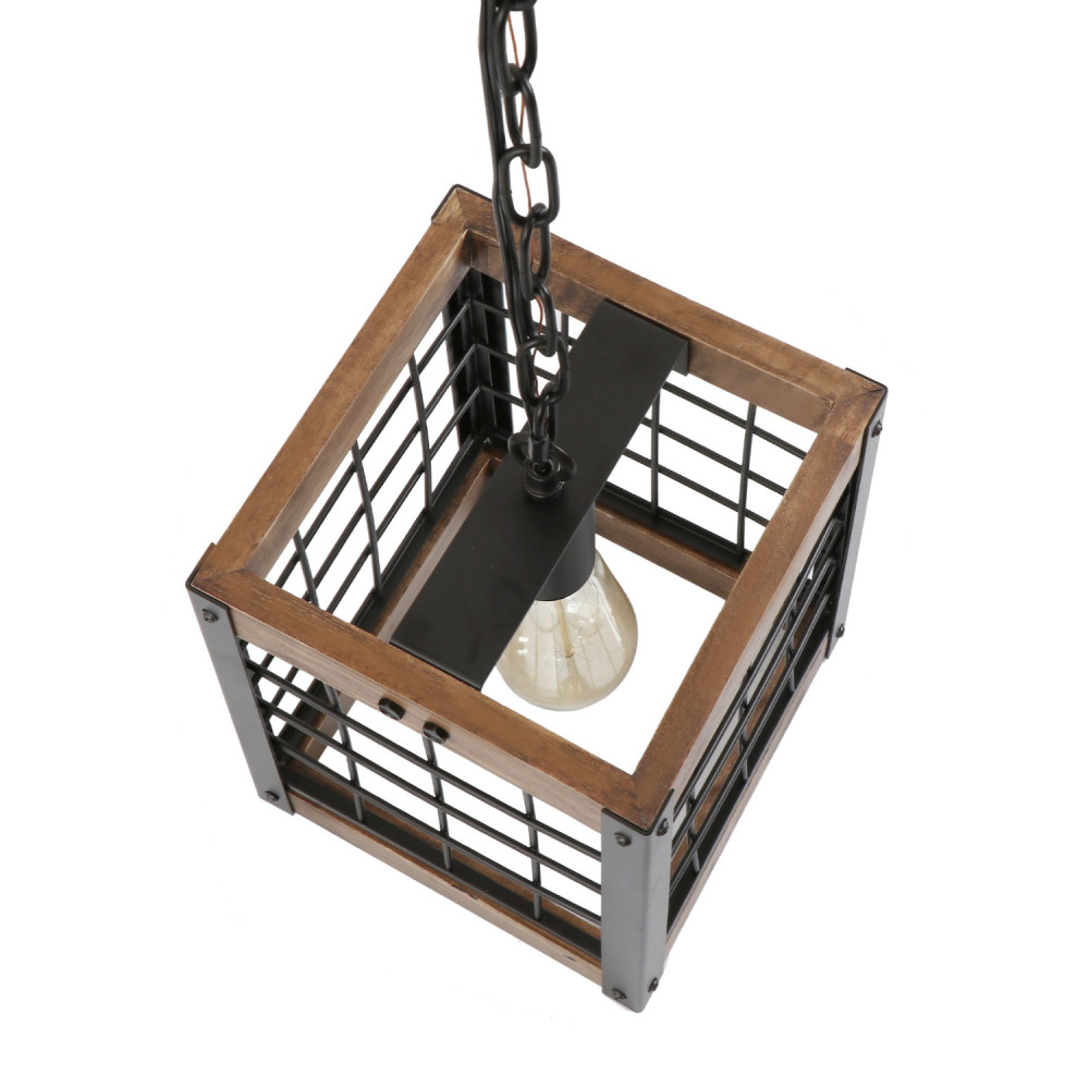 Rustic Kitchen Pendant Lighting Fixture Industrial Wood Metal Chandelier Farmhouse Dinning Room Hanging Ceiling Light, Square Frame