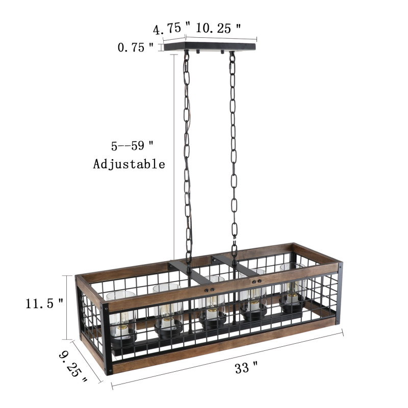 Rustic Light Fixture Long Rectangle Wood Chandelier Industrial Kitchen Chandelier Hanging Ceiling Pendant Light with 5 Glass Shades, UL Listed