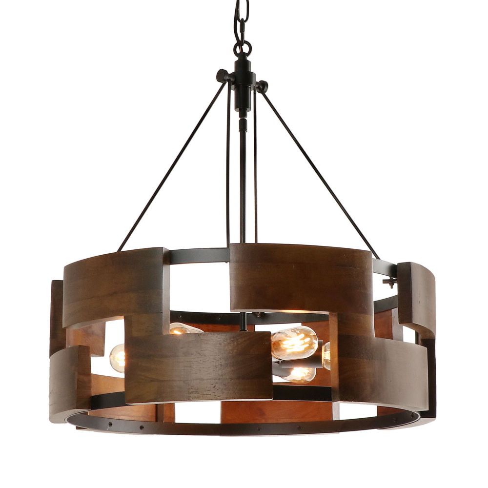 Round Wood Farmhouse Chandelier Drum-Shape Dining Room Rustic Island Pendant Lighting Fixture for Kitchen Foyer Entryway Hallway Bedroom, 6-Light