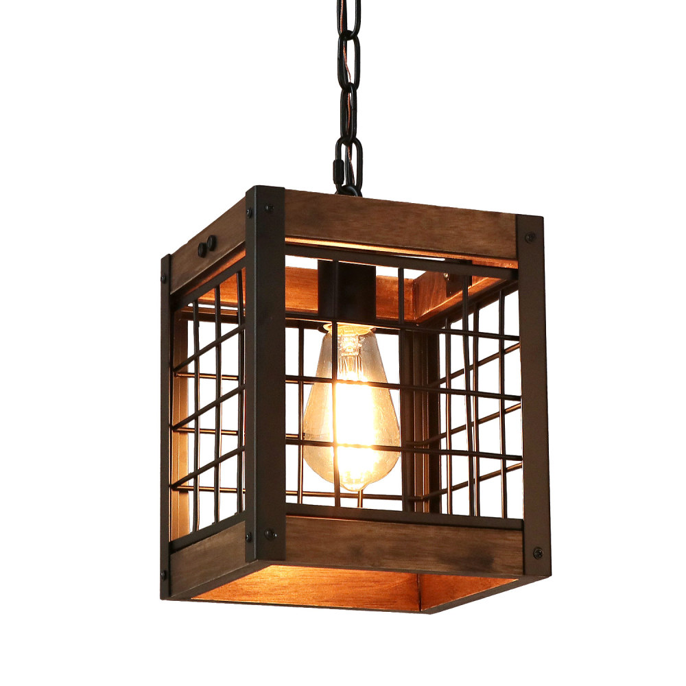 Rustic Kitchen Pendant Lighting Fixture Industrial Wood Metal Chandelier Farmhouse Dinning Room Hanging Ceiling Light, Square Frame