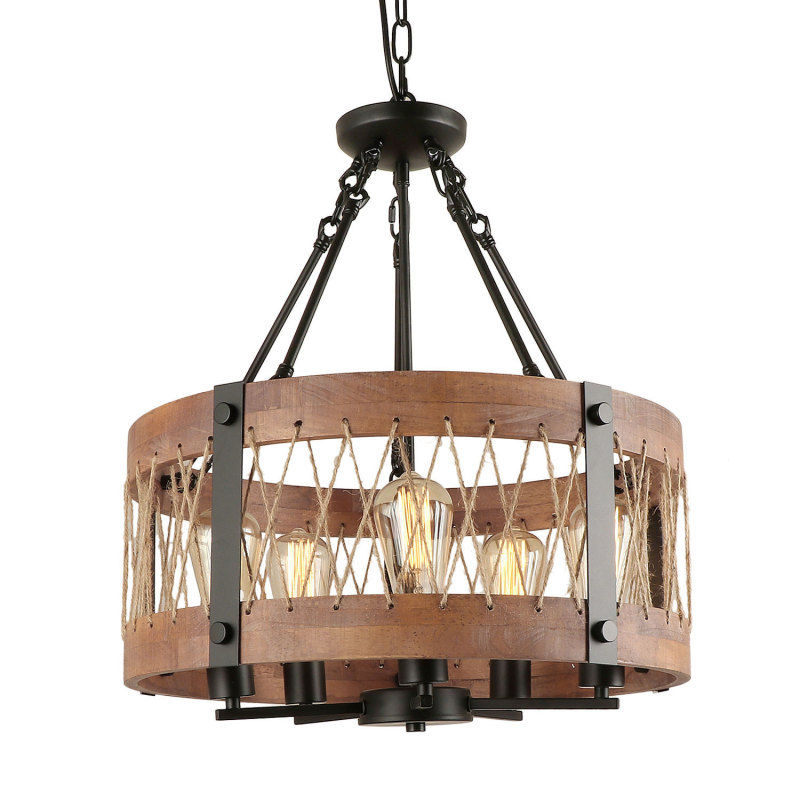 Round Wood Chandelier Kitchen Island Lighting Fixture 5 Lights with Jute Twine and Metal, Rustic Pendant Light for Dining Room Foyer, UL Listed