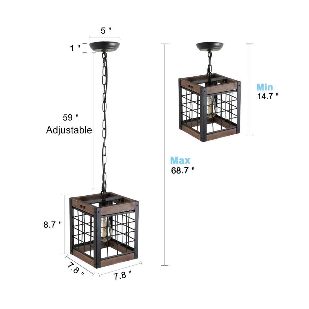 Rustic Kitchen Pendant Lighting Fixture Industrial Wood Metal Chandelier Farmhouse Dinning Room Hanging Ceiling Light, Square Frame