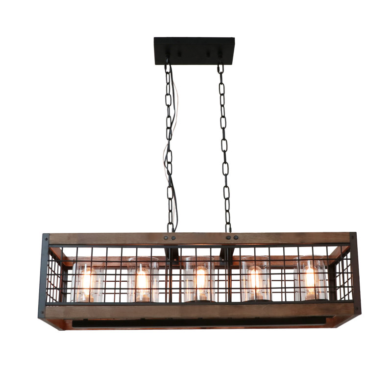 Rustic Light Fixture Long Rectangle Wood Chandelier Industrial Kitchen Chandelier Hanging Ceiling Pendant Light with 5 Glass Shades, UL Listed