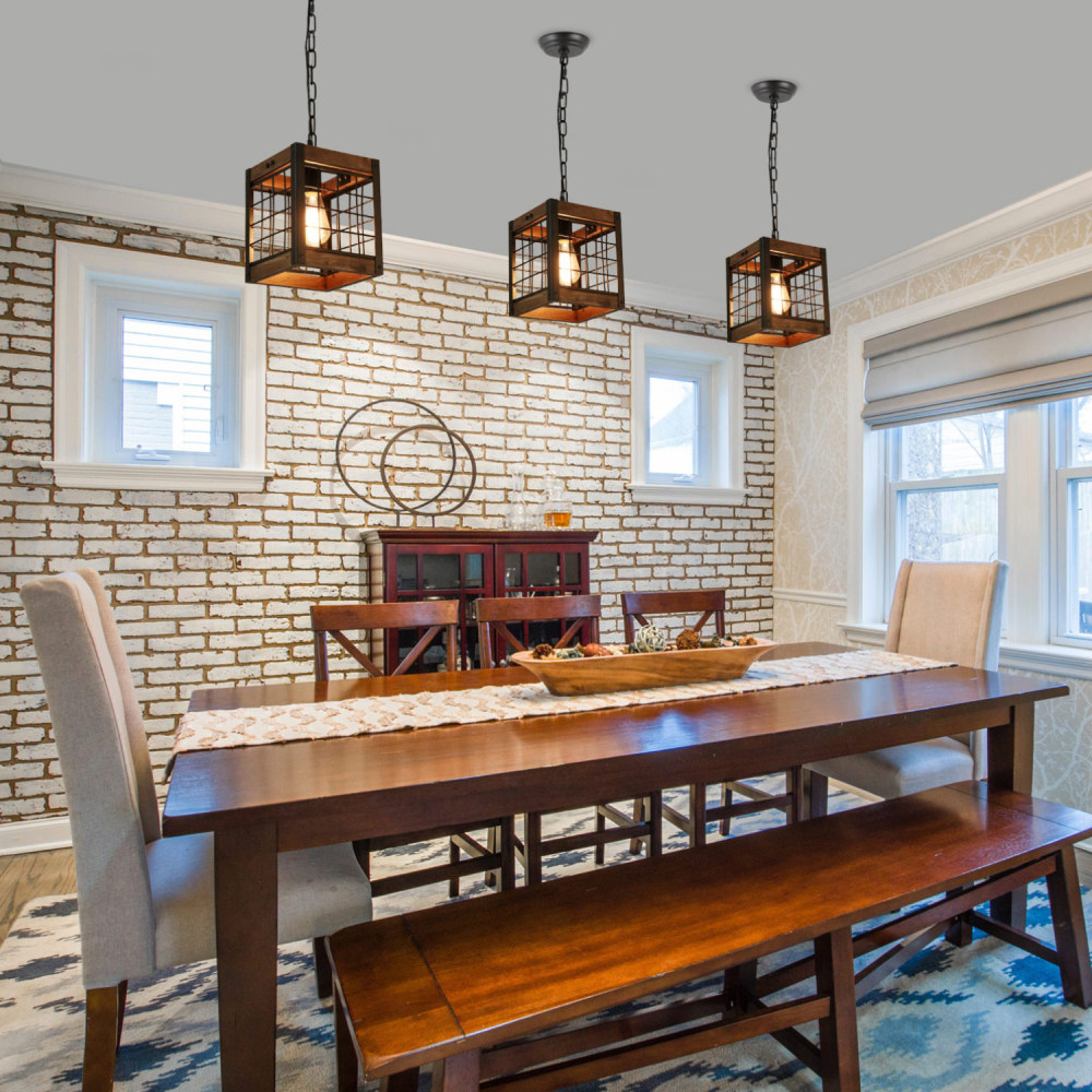 Rustic Kitchen Pendant Lighting Fixture Industrial Wood Metal Chandelier Farmhouse Dinning Room Hanging Ceiling Light, Square Frame