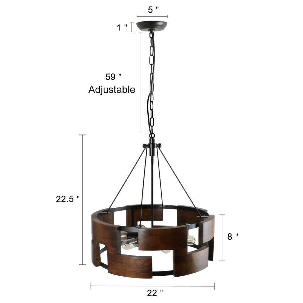 Round Wood Farmhouse Chandelier Drum-Shape Dining Room Rustic Island Pendant Lighting Fixture for Kitchen Foyer Entryway Hallway Bedroom, 6-Light