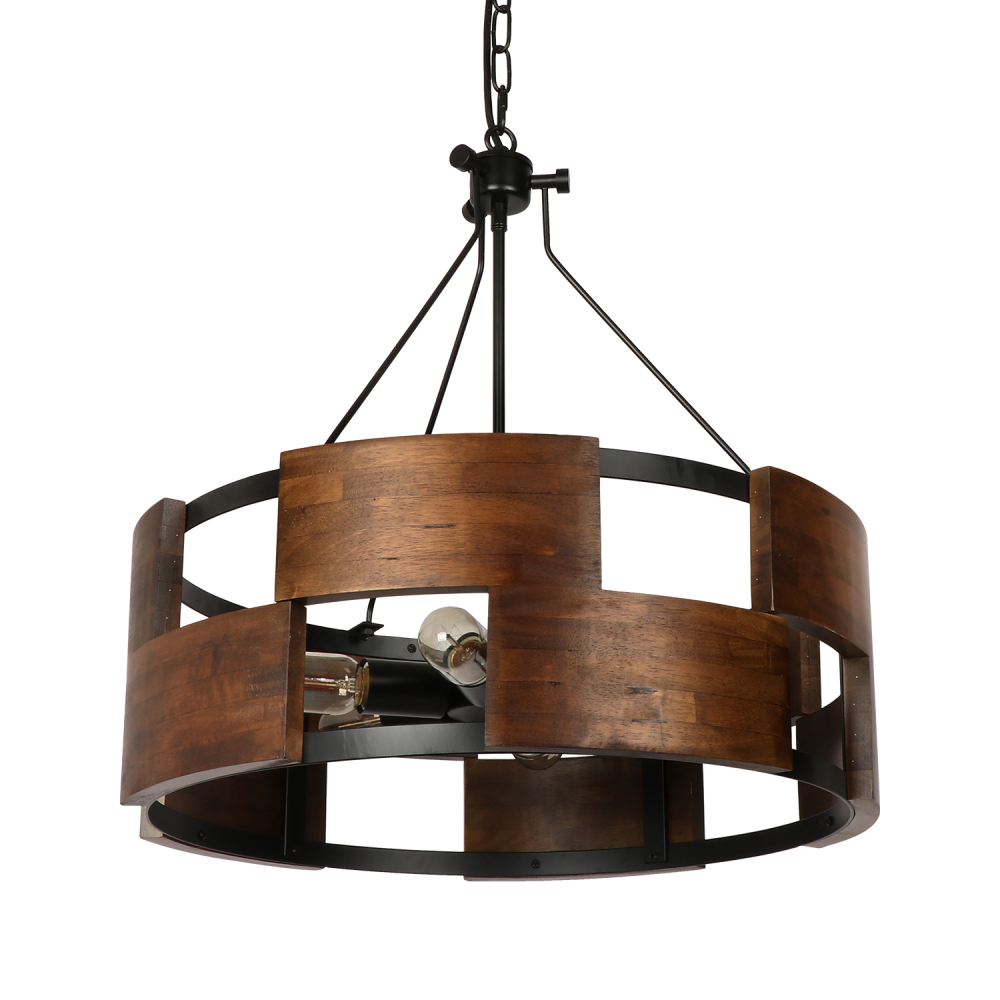Round Wood Farmhouse Chandelier Drum-Shape Dining Room Rustic Island Pendant Lighting Fixture for Kitchen Foyer Entryway Hallway Bedroom, 6-Light