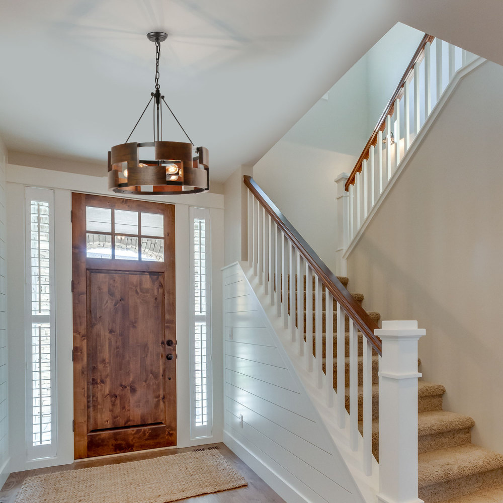 Round Wood Farmhouse Chandelier Drum-Shape Dining Room Rustic Island Pendant Lighting Fixture for Kitchen Foyer Entryway Hallway Bedroom, 6-Light