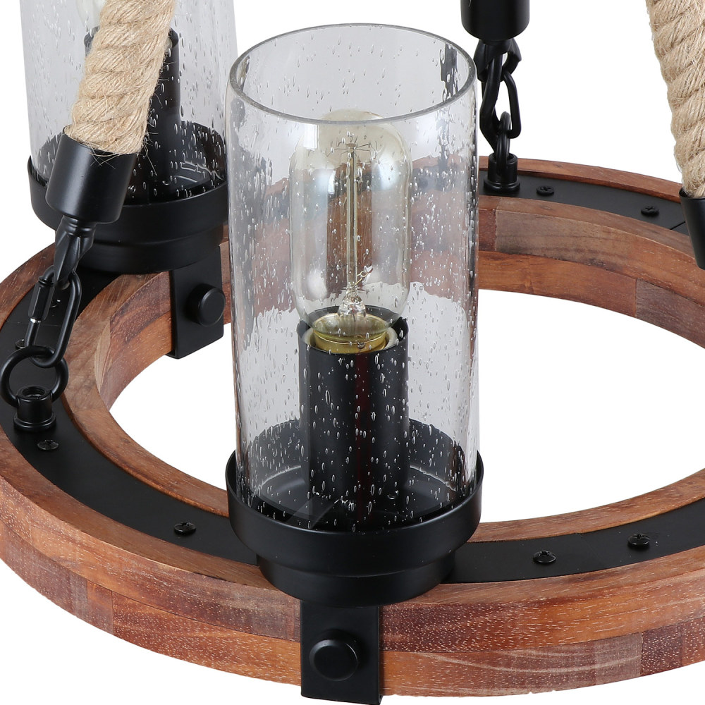Wooden Ring Hemp Rope Chandelier Retro Farmhouse Pendant Lighting Round Wagon Wheel Light Fixtures 3 Lights with Glass Shade, Brown