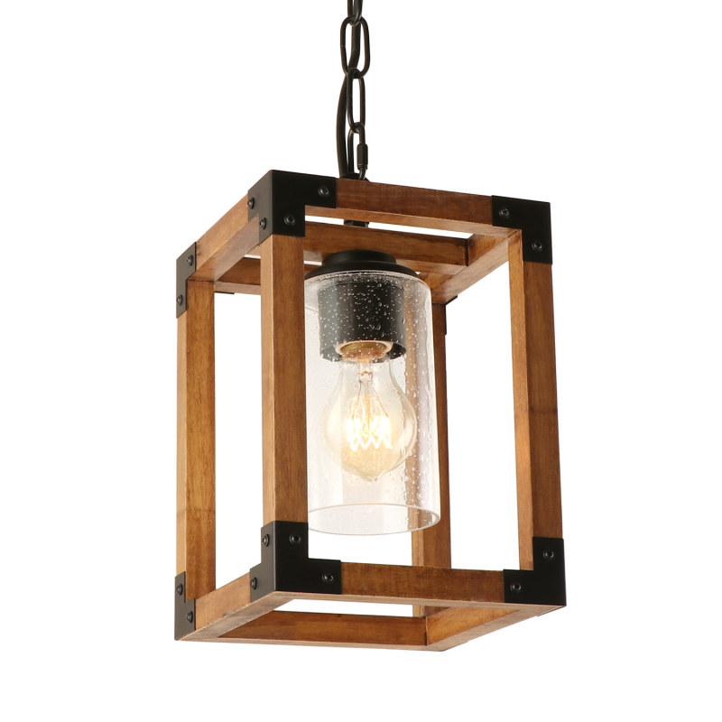 Square Wood Pendant Lighting, Adjustable Height Hanging 1-Light Fixture Kitchen Dining Room Chandelier Rustic Farmhouse Style with Seeded Glass Shade