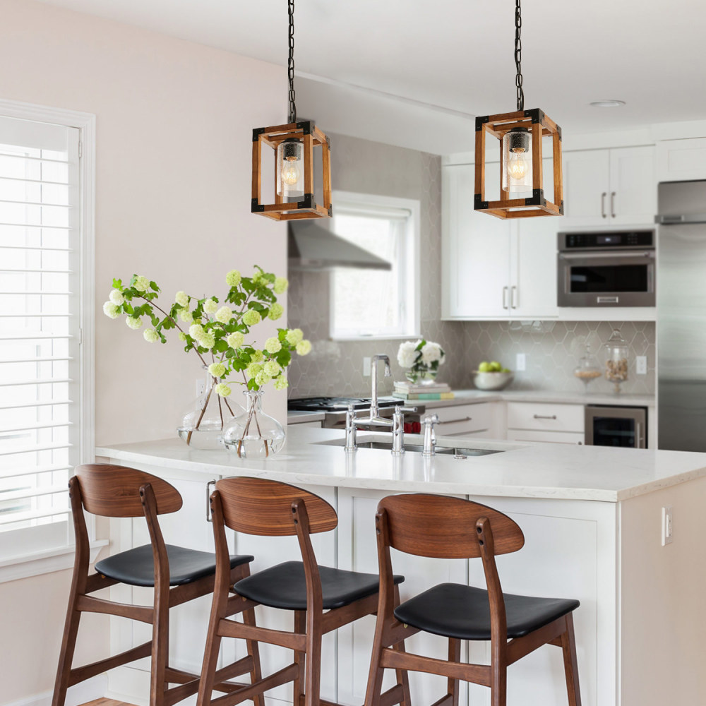 Square Wood Pendant Lighting, Adjustable Height Hanging 1-Light Fixture Kitchen Dining Room Chandelier Rustic Farmhouse Style with Seeded Glass Shade