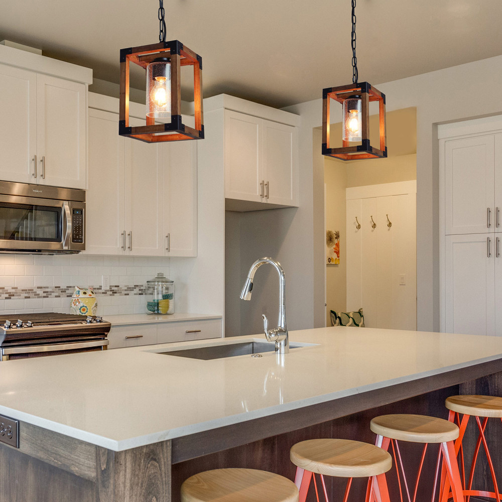Square Wood Pendant Lighting, Adjustable Height Hanging 1-Light Fixture Kitchen Dining Room Chandelier Rustic Farmhouse Style with Seeded Glass Shade