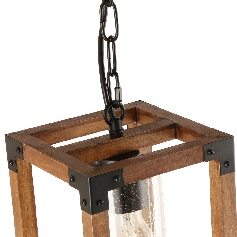 Square Wood Pendant Lighting, Adjustable Height Hanging 1-Light Fixture Kitchen Dining Room Chandelier Rustic Farmhouse Style with Seeded Glass Shade