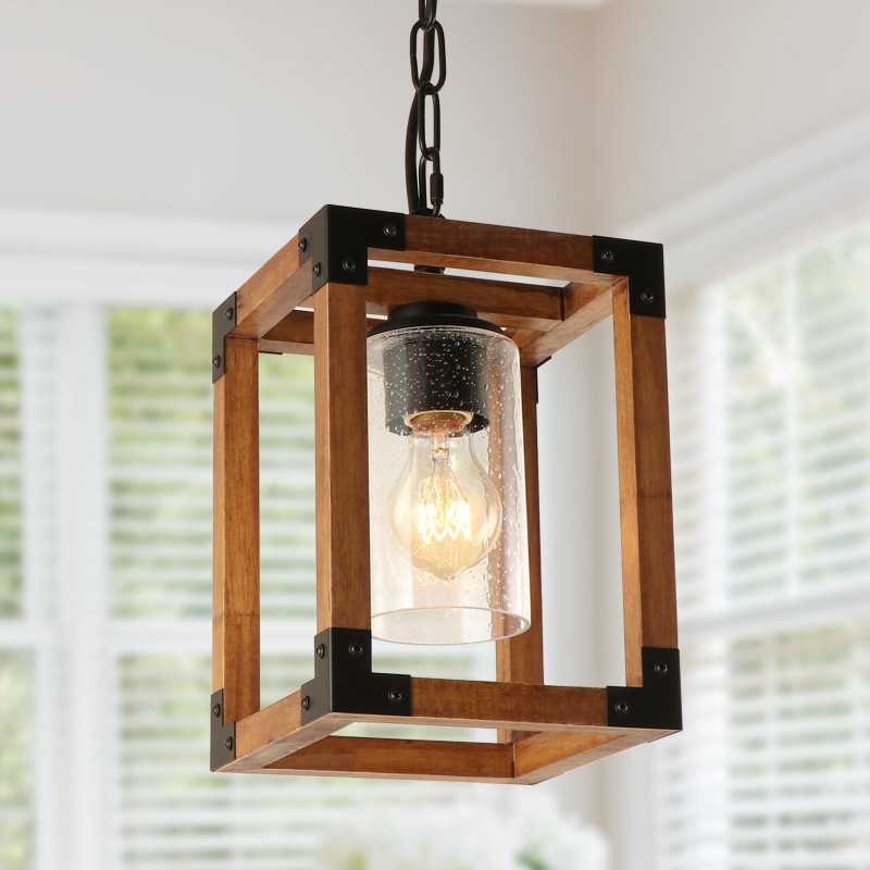 Square Wood Pendant Lighting, Adjustable Height Hanging 1-Light Fixture Kitchen Dining Room Chandelier Rustic Farmhouse Style with Seeded Glass Shade