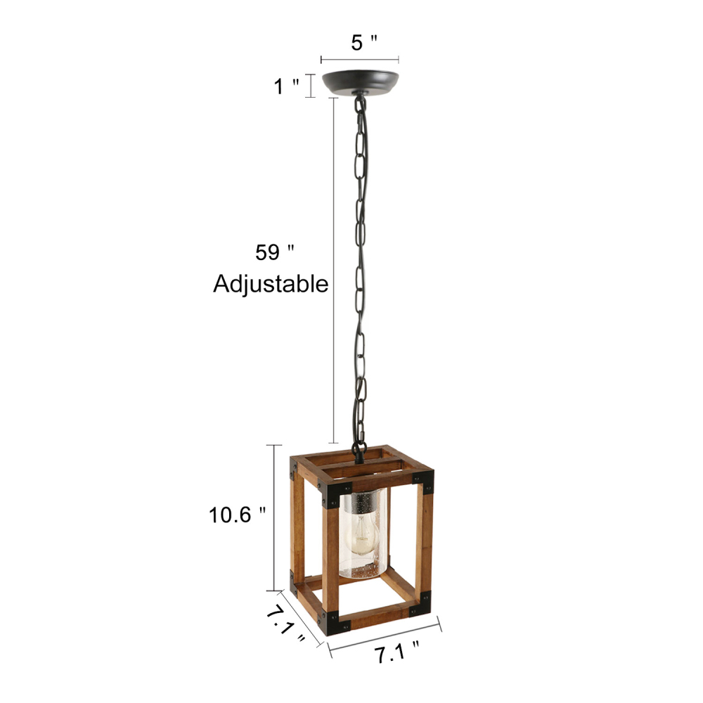 Square Wood Pendant Lighting, Adjustable Height Hanging 1-Light Fixture Kitchen Dining Room Chandelier Rustic Farmhouse Style with Seeded Glass Shade