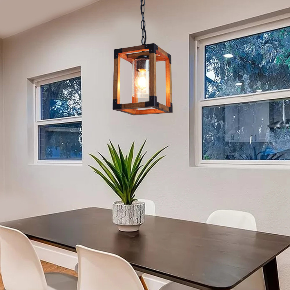 Square Wood Pendant Lighting, Adjustable Height Hanging 1-Light Fixture Kitchen Dining Room Chandelier Rustic Farmhouse Style with Seeded Glass Shade