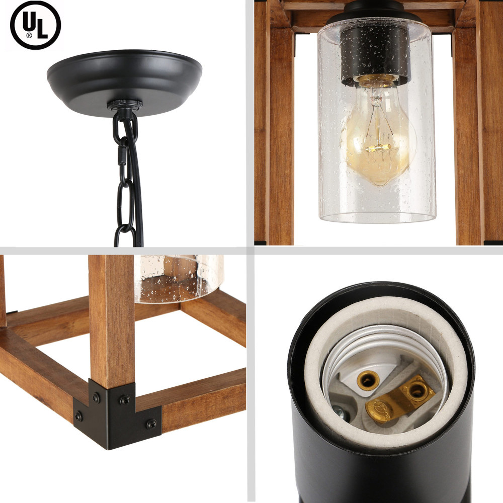 Square Wood Pendant Lighting, Adjustable Height Hanging 1-Light Fixture Kitchen Dining Room Chandelier Rustic Farmhouse Style with Seeded Glass Shade