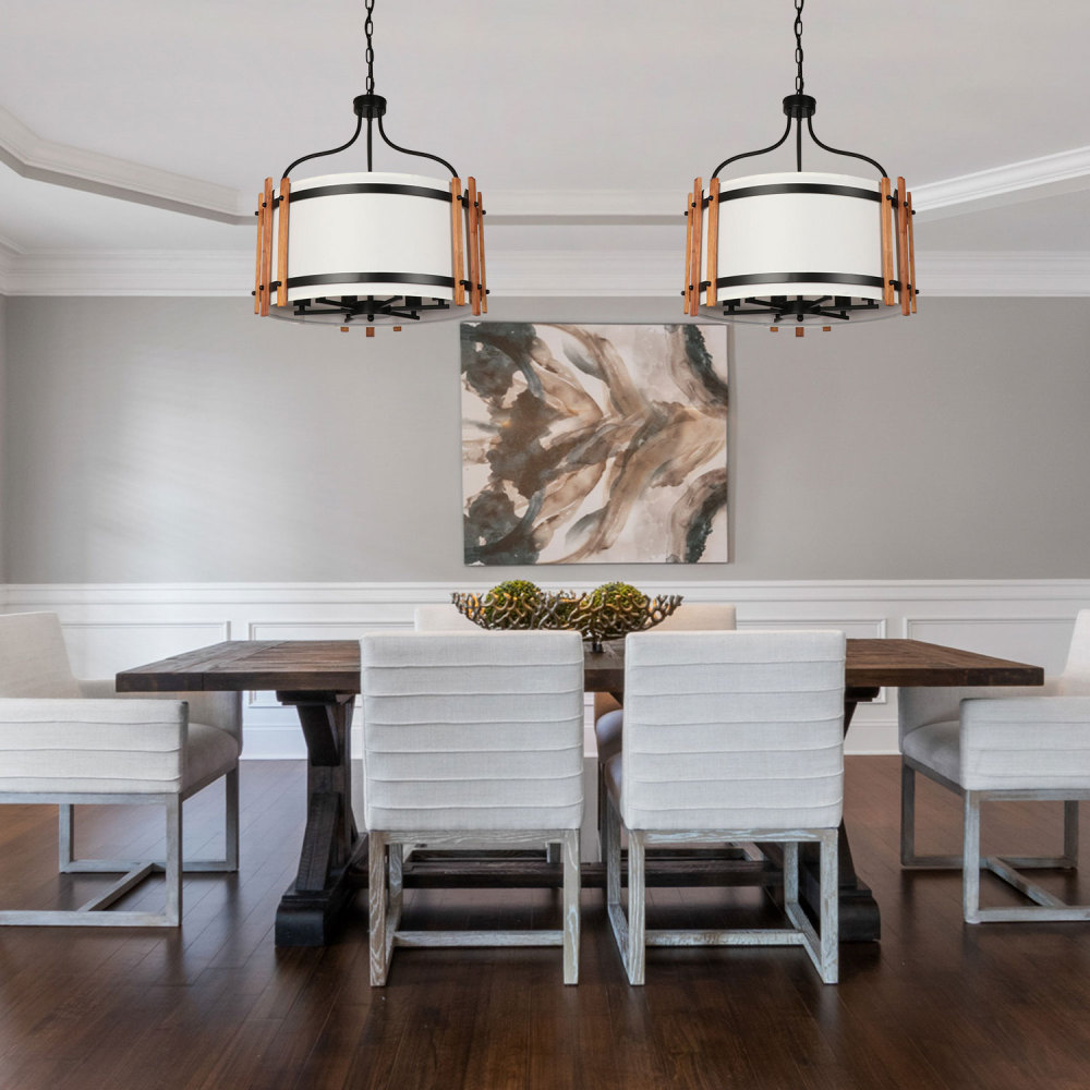 6-Light White Fabric Shade Drum Chandelier, 19'' Modern Round Pendant Light Farmhouse Hanging Ceiling Light Fixture with Adjustable Chain for Living Dining Room Bedroom Kitchen Hallway
