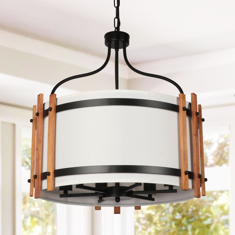 6-Light White Fabric Shade Drum Chandelier, 19'' Modern Round Pendant Light Farmhouse Hanging Ceiling Light Fixture with Adjustable Chain for Living Dining Room Bedroom Kitchen Hallway