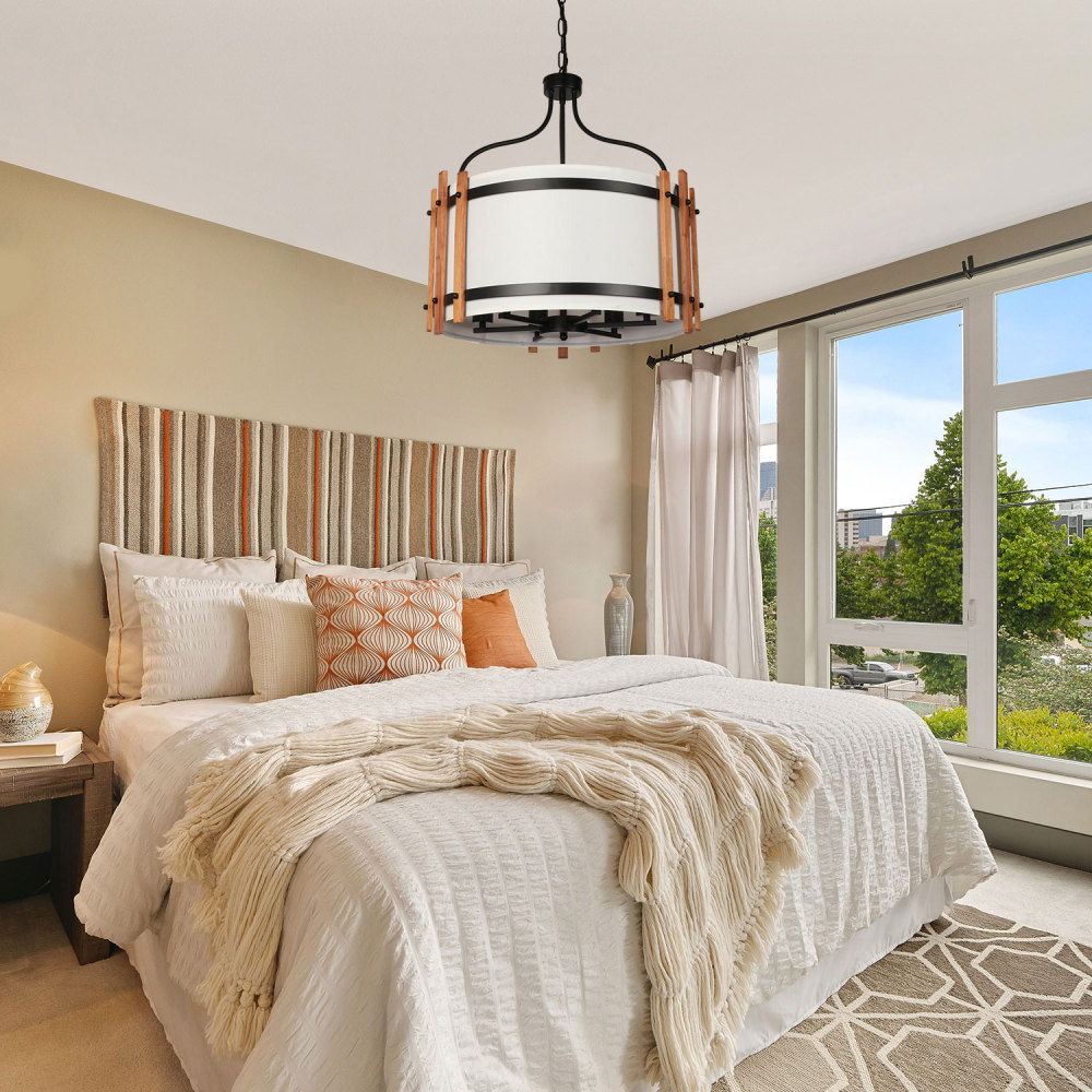 6-Light White Fabric Shade Drum Chandelier, 19'' Modern Round Pendant Light Farmhouse Hanging Ceiling Light Fixture with Adjustable Chain for Living Dining Room Bedroom Kitchen Hallway
