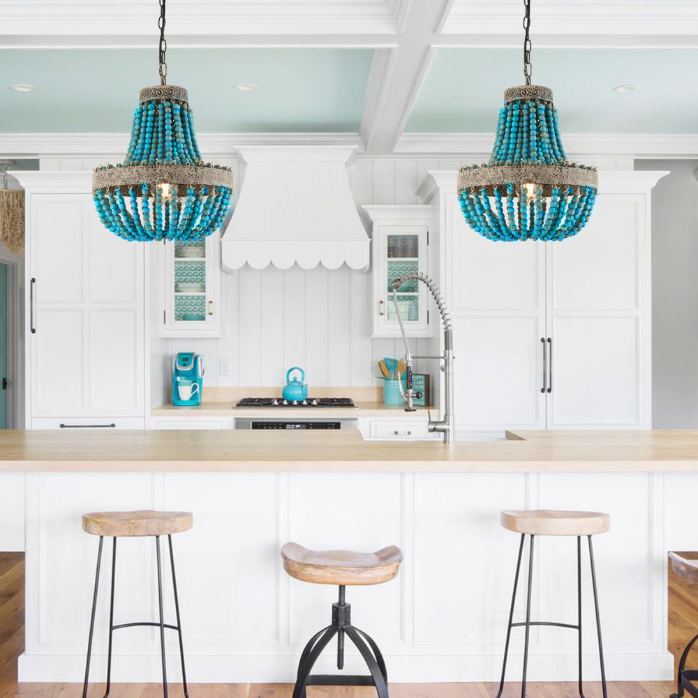 1-Light Wood Beaded Chandelier, Mini Sized Rustic Farmhouse Bohemian Boho Beachy Pendant Lighting Fixture for Dining Room Entryway