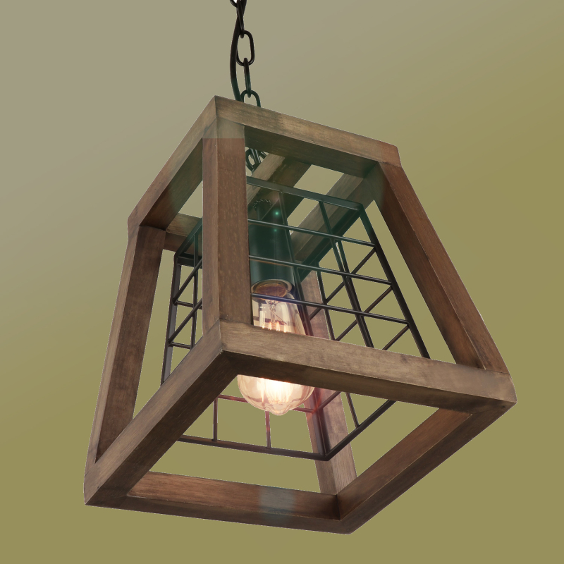 1 Light Rustic Wood Pendant Light with Cage, 9.8" Retro Industrial Farmhouse Chandelier Vintage Edison Ceiling Island Lighting Fixture, Brown Wood & Black Metal