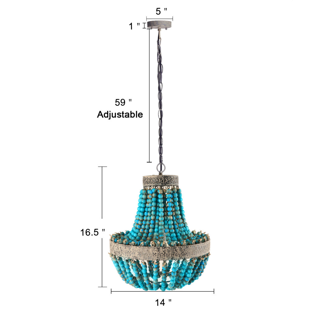 1-Light Wood Beaded Chandelier, Mini Sized Rustic Farmhouse Bohemian Boho Beachy Pendant Lighting Fixture for Dining Room Entryway