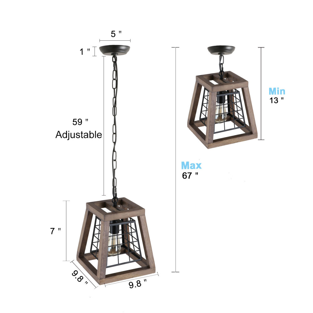 1 Light Rustic Wood Pendant Light with Cage, 9.8" Retro Industrial Farmhouse Chandelier Vintage Edison Ceiling Island Lighting Fixture, Brown Wood & Black Metal