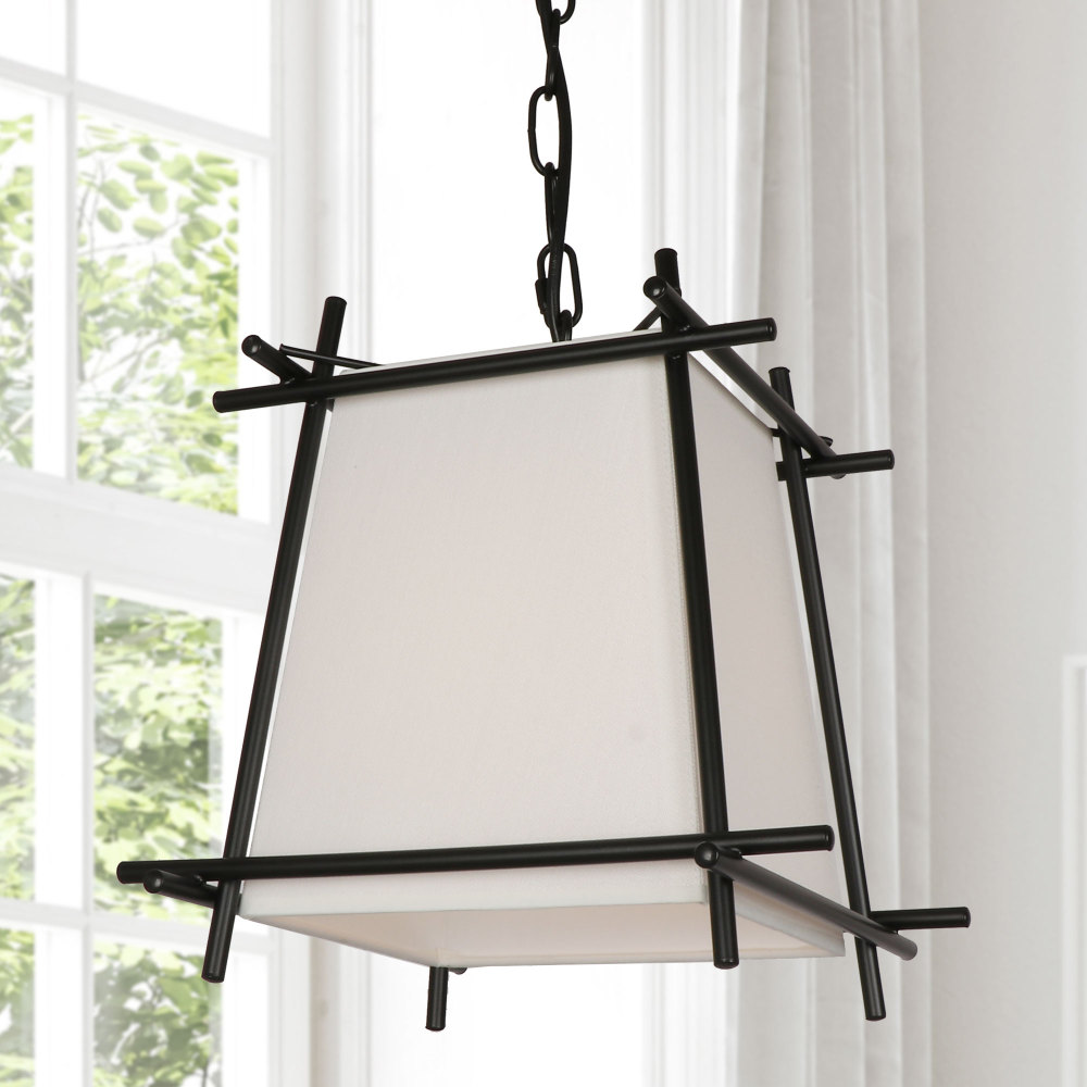 Anmytek Trapezoidal Black Metal Pendant Light with White Fabric Shade, Modern Indoor Ceiling Hanging Lighting with Adjustable Hanging Chain for Living Room Kitchen Island Dining Room Foyer Hallway