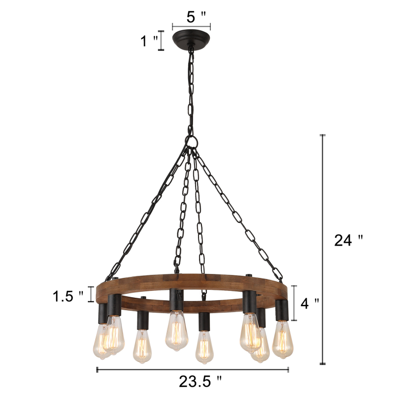 Anmytek Round Wagon Wheel Chandelier Dining Room 8-Light Rustic Farmhouse Pendant Lighting Fixture for Kitchen Island