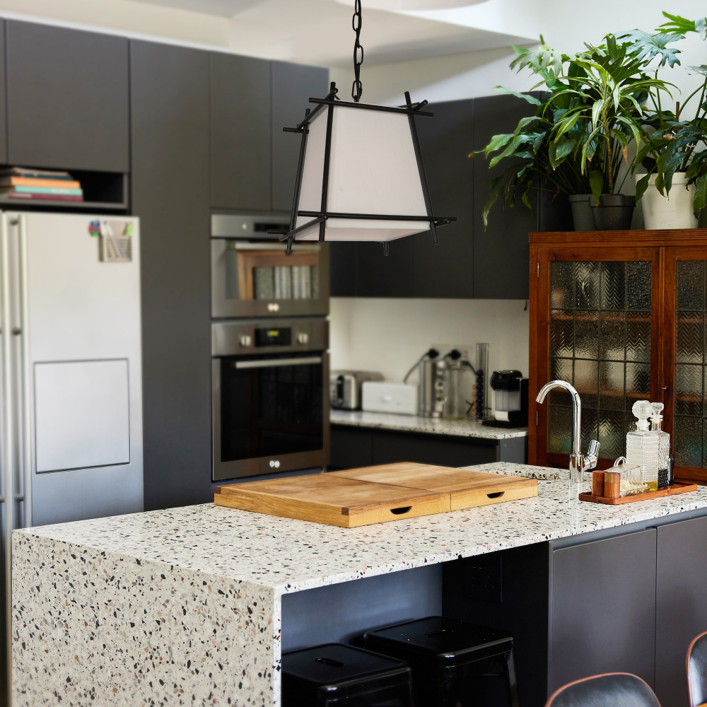 Anmytek Trapezoidal Black Metal Pendant Light with White Fabric Shade, Modern Indoor Ceiling Hanging Lighting with Adjustable Hanging Chain for Living Room Kitchen Island Dining Room Foyer Hallway
