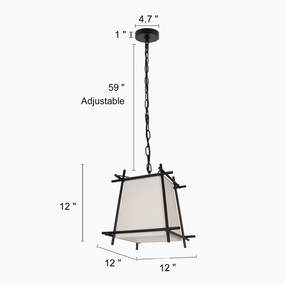 Anmytek Trapezoidal Black Metal Pendant Light with White Fabric Shade, Modern Indoor Ceiling Hanging Lighting with Adjustable Hanging Chain for Living Room Kitchen Island Dining Room Foyer Hallway
