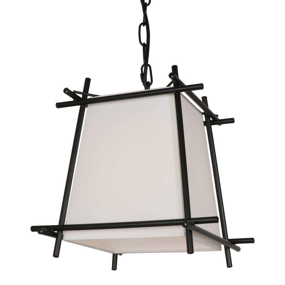 Anmytek Trapezoidal Black Metal Pendant Light with White Fabric Shade, Modern Indoor Ceiling Hanging Lighting with Adjustable Hanging Chain for Living Room Kitchen Island Dining Room Foyer Hallway